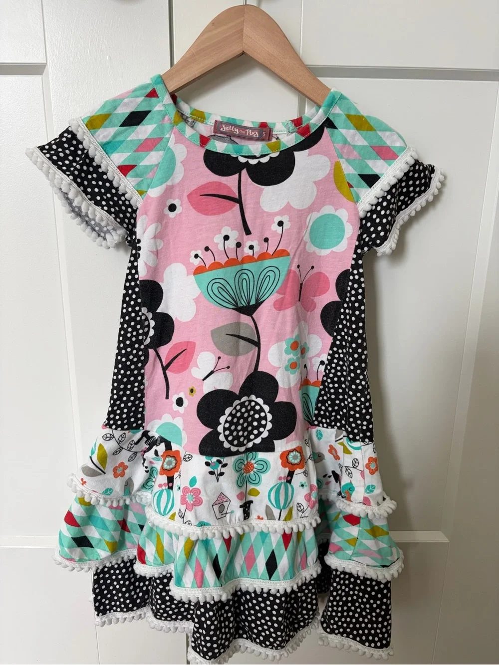 Jelly The Pug Pink Floral Patchwork Ruffled Dress with Mint and Black Accents